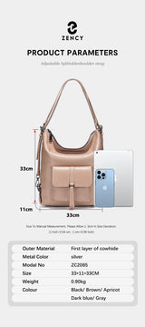 Zency Stylish Women Shoulder Bag 100% Genuine Leather Large Capacity Handbag Multifunction Satchel Bag Backpack Brown 2 in 1 Bag