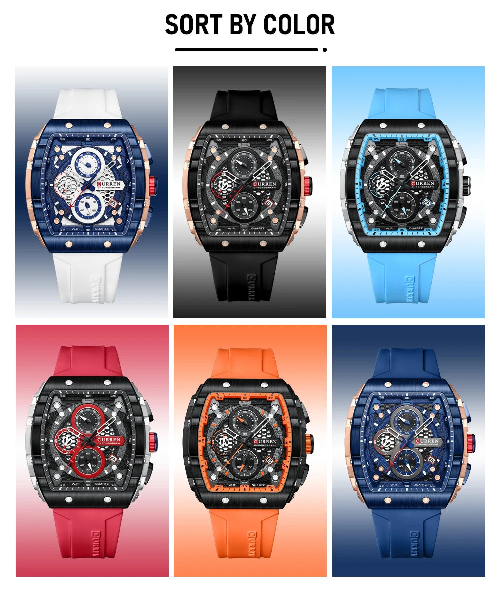 Men’s Sport Quartz Watch – Yellow Silicone Strap, Luminous Auto Date Square Dial