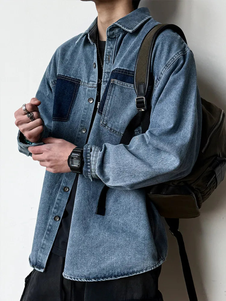 Mens High Quality Custom Weave Slub Deconstructed Patchwork Denim Shirt Trendy Distressed Wash Streetwear Casual Long Sleeve