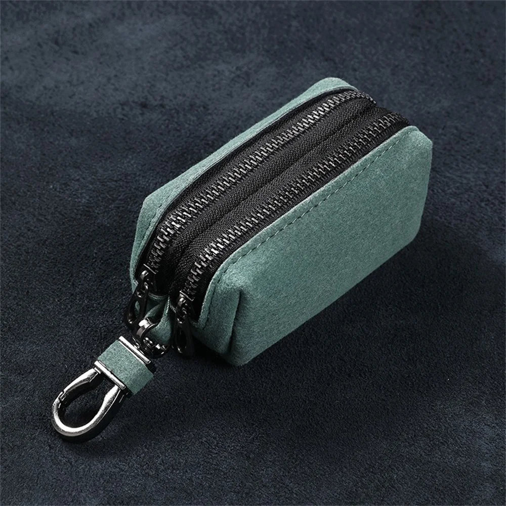 Portable Keychain Wallet for Men Women Large-Capacity Double Zipper Key Pouch Bag Suede Leather Key Case Unisex Coin Purse
