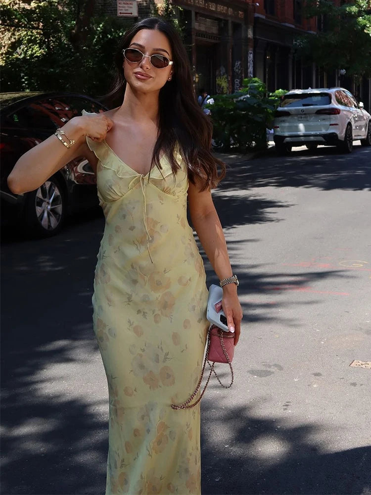 Women's Floral Print Backless Maxi Dress