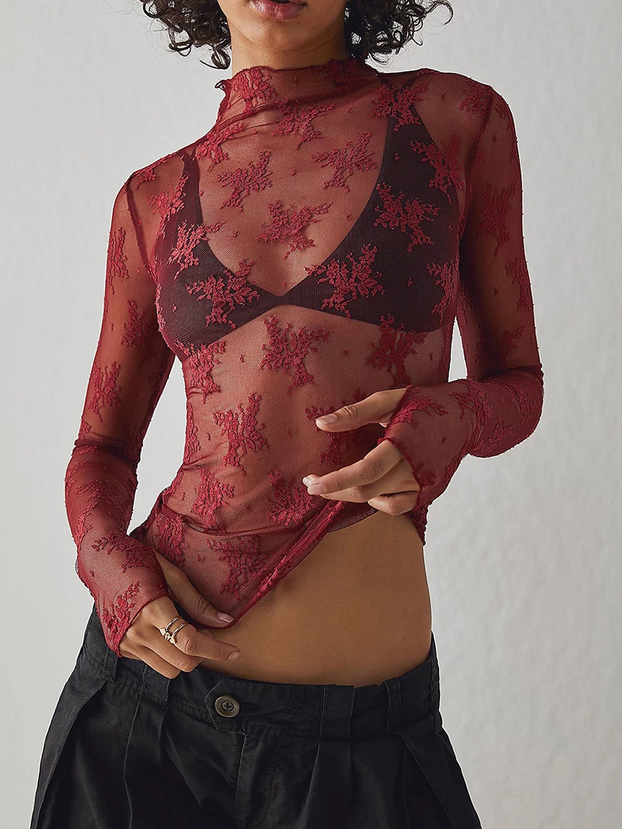 Women's Long Sleeve Mock Neck Lace Top