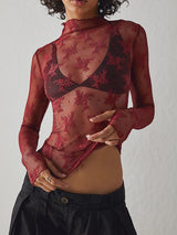 Women's Long Sleeve Mock Neck Lace Top