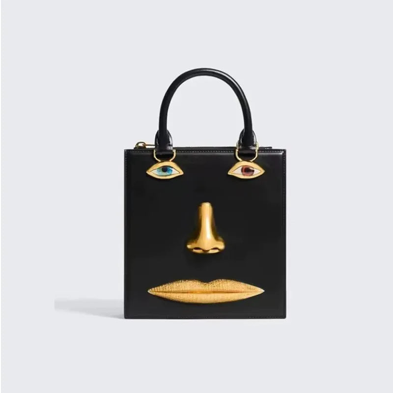 Face Bag Women High Quality Black Leather Luxury Brands Handbag Jewelry Eyes Gold-tone Metal Shoulder Strap Crossbody Bags