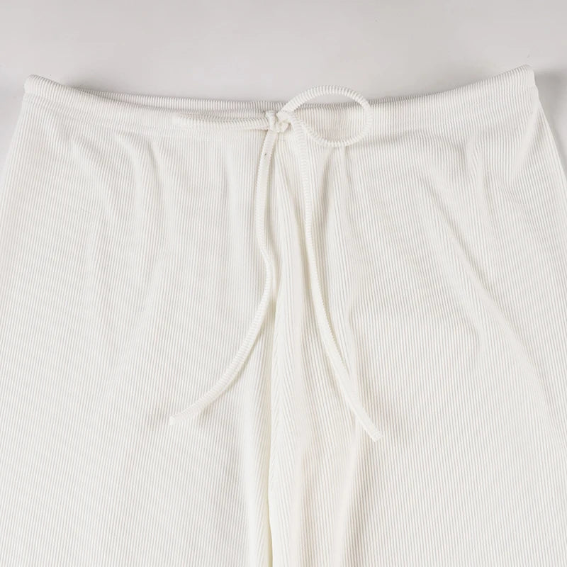 Basic Solid Low-Waisted Ribbed Knitted Pants Casual Loose Drawstring Wide Leg Pants Soft Comfy Lounge Wear Trousers Streetwear