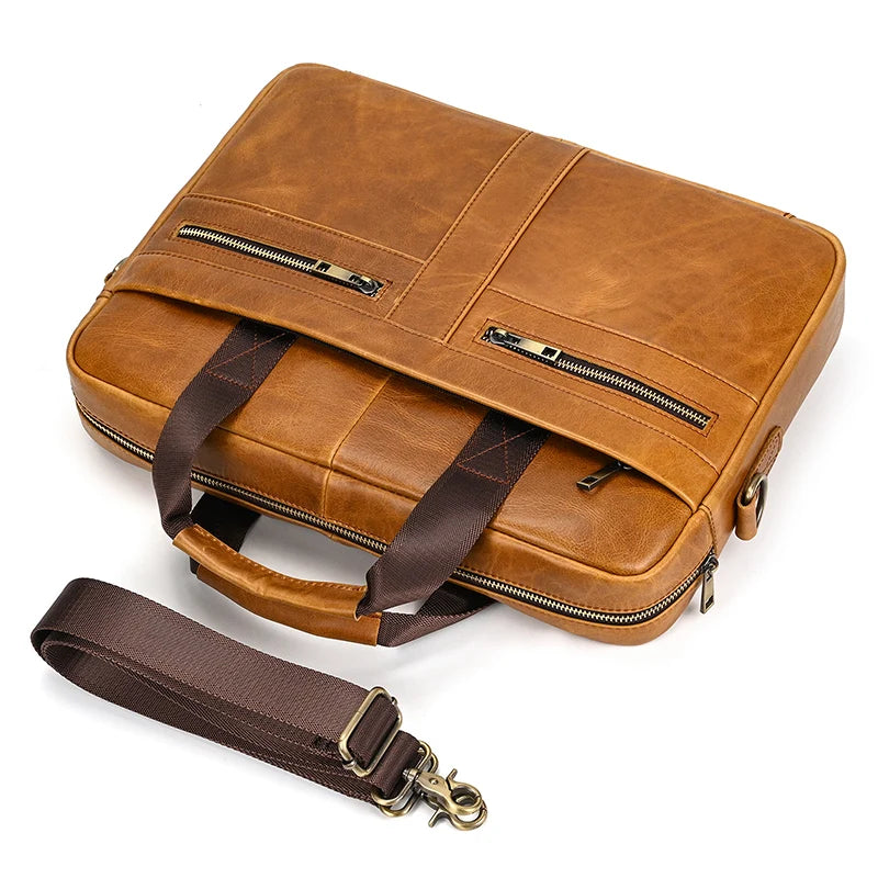 Luufan Genuine Leather Men's Business Handbag 15" Laptop Briefcase Bag Male A4 Document Shoulder Message Computer Bag Work Tote