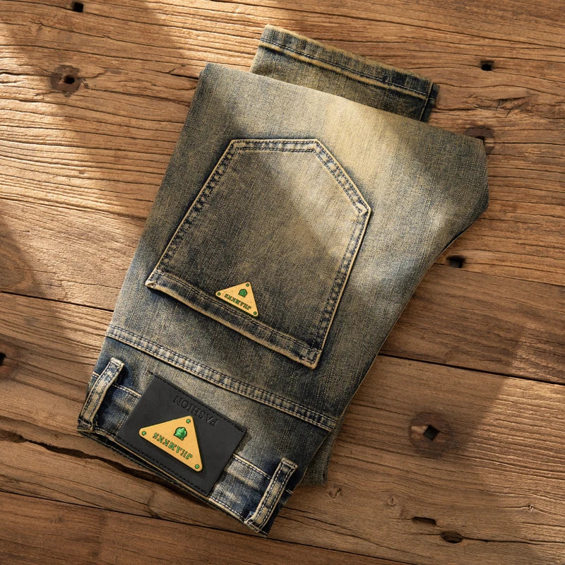 2026 European Trendy Brand Yellow Mud Jeans Men's Retro Old Slim Fit Fashion Long Pants Autumn and Winter Thick Pants