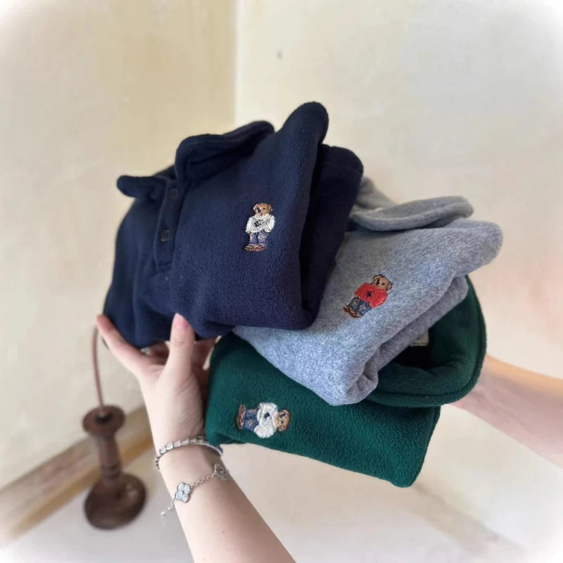Kids' Bear Embroidered Fleece Polo Sweatshirt
