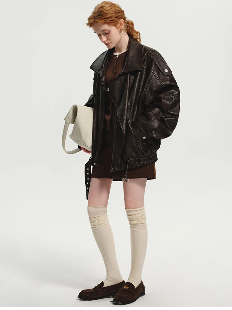 Lautaro Spring Autumn Cool Brown Oversized Pu Leather Jacket Women Long Sleeve Zip Up Luxury Designer American Retro Clothing