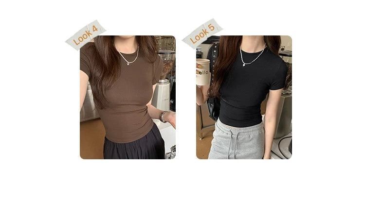 Y2K Vintage Slim Fit Crop Top - Solid Crewneck Short Sleeve Tee