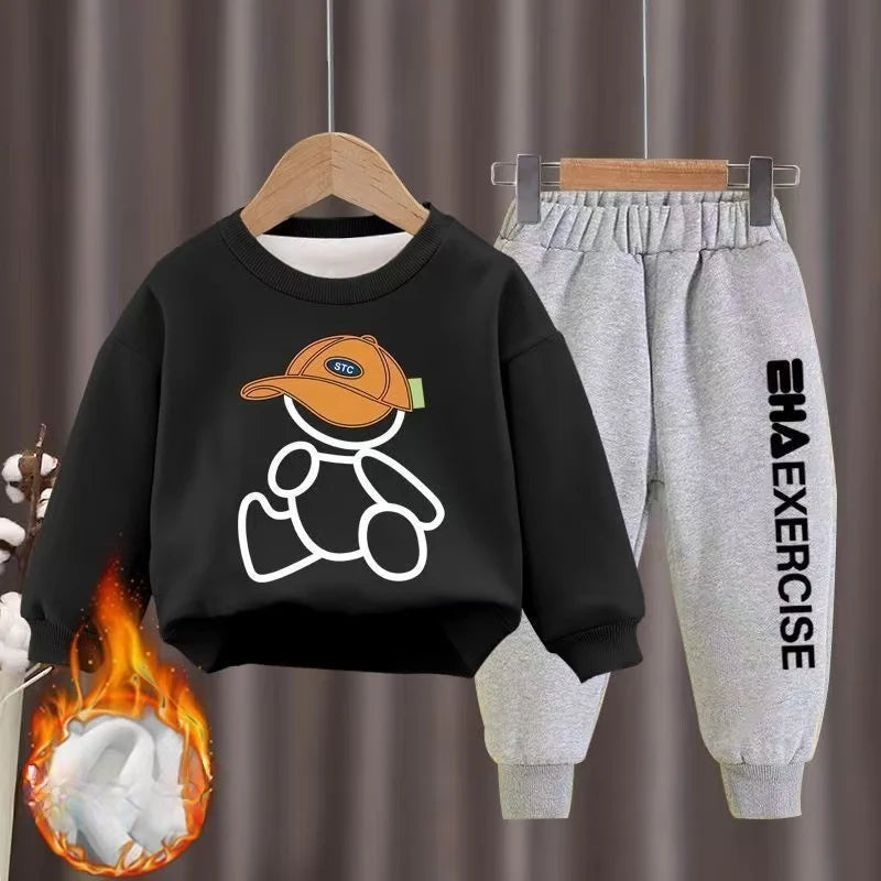 Kids' Winter Cartoon Bear Fleece Tracksuit