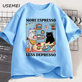 More Espresso Less Depresso Black Cat T-shirt Men Women Funny Coffee Cat T Shirt Casual Summer Cotton Short Sleeve Tshirt Tops