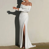 Long Sleeves Off the Shoulder Wedding Dress Boat Neck with Pleat Mermaid Customized Side Slit Bridal Backless Gowns
