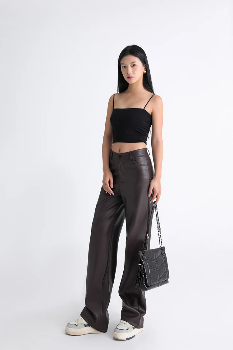 Women's High Waist Faux Leather Wide Leg Fleece Pants