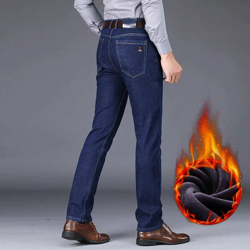 New Men's Fleece Warm Jeans Winter Thicken Plush Velvet Business Office Denim Trousers Brand Clothing Stretch Casual Male Pants