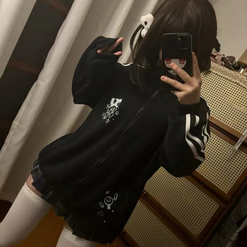 Women's Black Cotton Stand-Collar Zip-Up Jacket