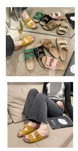 Evshine Leather Cork Footed Clogs Sandals For Women Fashion Flat Mules Slippers with Arch Support Men Double Buckle Cork Slides