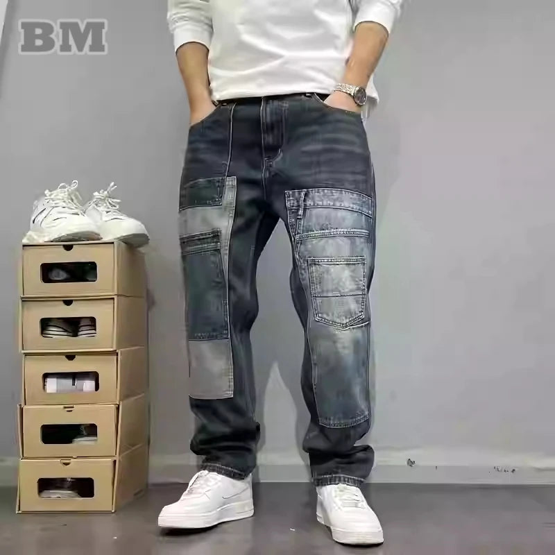 Patchwork Straight Leg Jeans Plus Size Multi Pocket Japanese Streetwear High Quality Trendy Skater Fit Denim Trousers 2025 New
