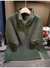 Miyake Pleated Sweatshirt Pit Stripe Zipper Standing Collar Jacket Women 2025 New Casual Pullover Hundred Pleat Skinny Tops