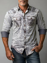 New style denim shirt, long-sleeved, new trend, men's casual shirt, versatile and high-end, double-pocket tie-dye top, color-mat