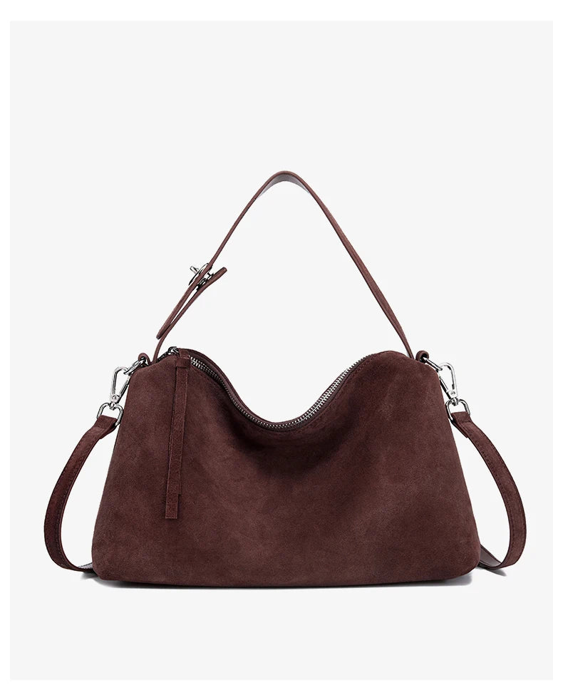 Russian Women's Genuine Suede Cowhide Leather Shoulder Bag Retro Frosted Cow Large Capacity Versatile Commuting Luxury Designer