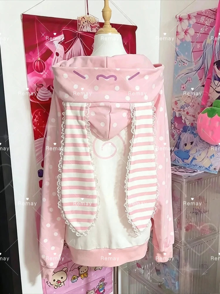 Japanese Kawaii Rabbit Ears Hoodies Tops Women Design Loose Dot Lace Patchwork Cute Coat Harajuku Chic Sweet Lovely Sweatshirts