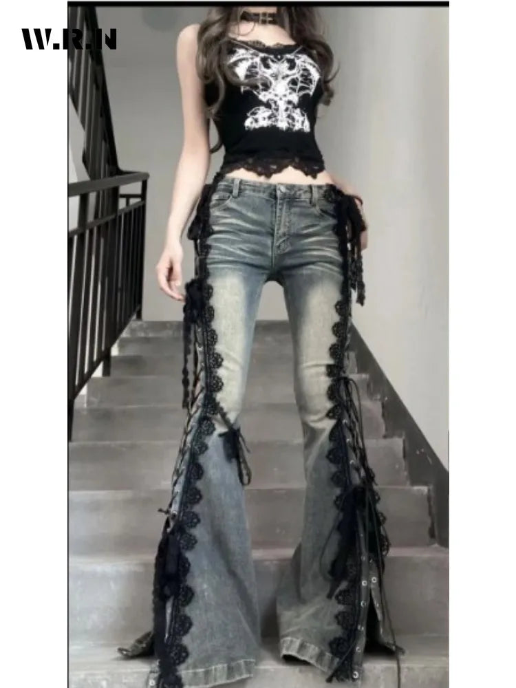 Retro Eyelet Lace-Up Flare Jeans