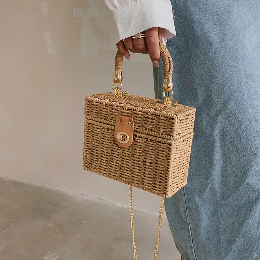 Rattan Straw Shoulder Bag Women Boho Hand-Woven Basket Messenger Pouch Summer Beach Square Box Top-handle Handbag