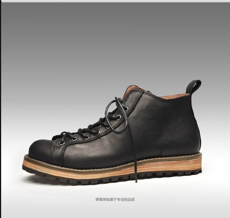 KOWM Hiking shoes men's walking boots British thick soled cowhide high top motorcycle boots ankle sneakers  casual trekking shoe