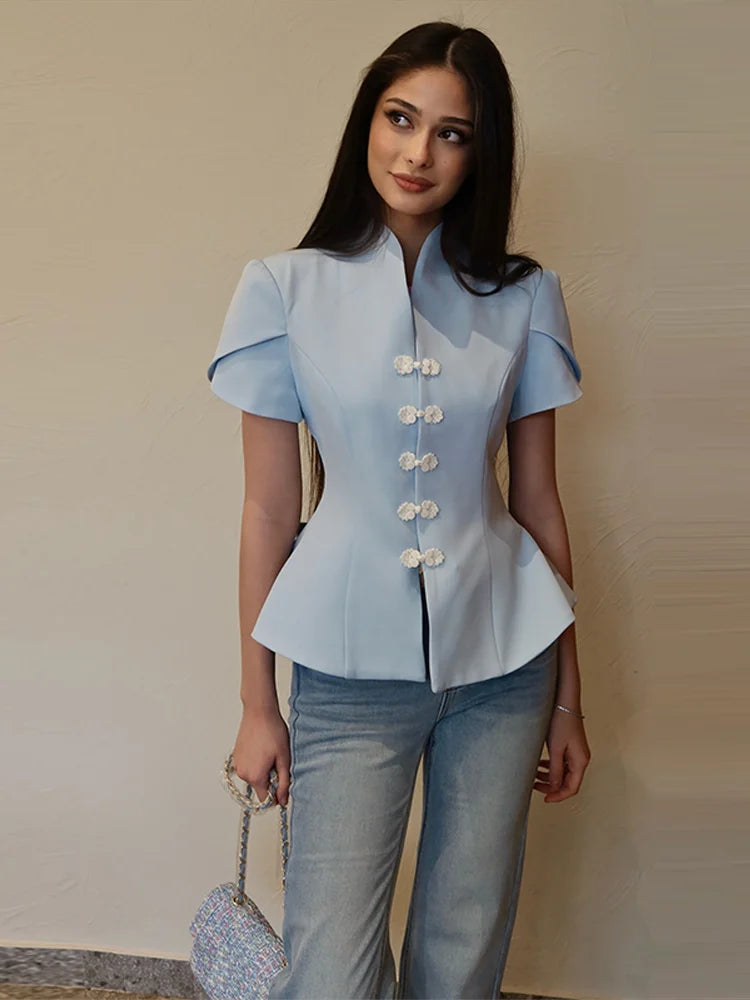 2026 Spring Summer Short Puff Sleeve Frog Button Shirt For Women Stand Collar  Single Breasted Blouse Lady Chic Street Party Top