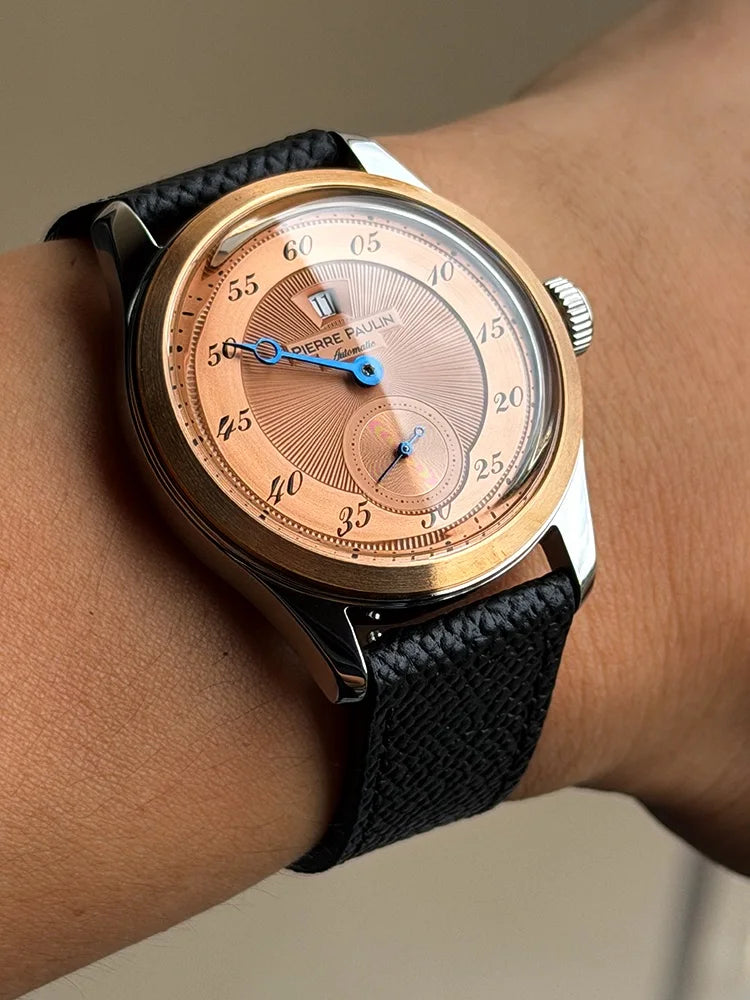 Pierre Paulin Jumping Hour Watch for Men Bronze Ring Vintage Salmon Dial Automatic Watches Reloj Hombre