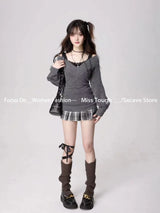 Knitted Suits Autumn Winter Woman V-neck French Vintage Long Sleeve Pullovers Knitwears 2000s Aesthetic Korean Sweater Sets Y2k