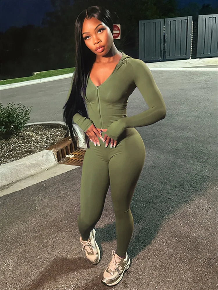 Nibber Sporty Casual 2 Piece Set Women Tracksuit Hooded Zip Crop Tops+Leggings Fitness Soft Stretch Streetwear Activity Suit