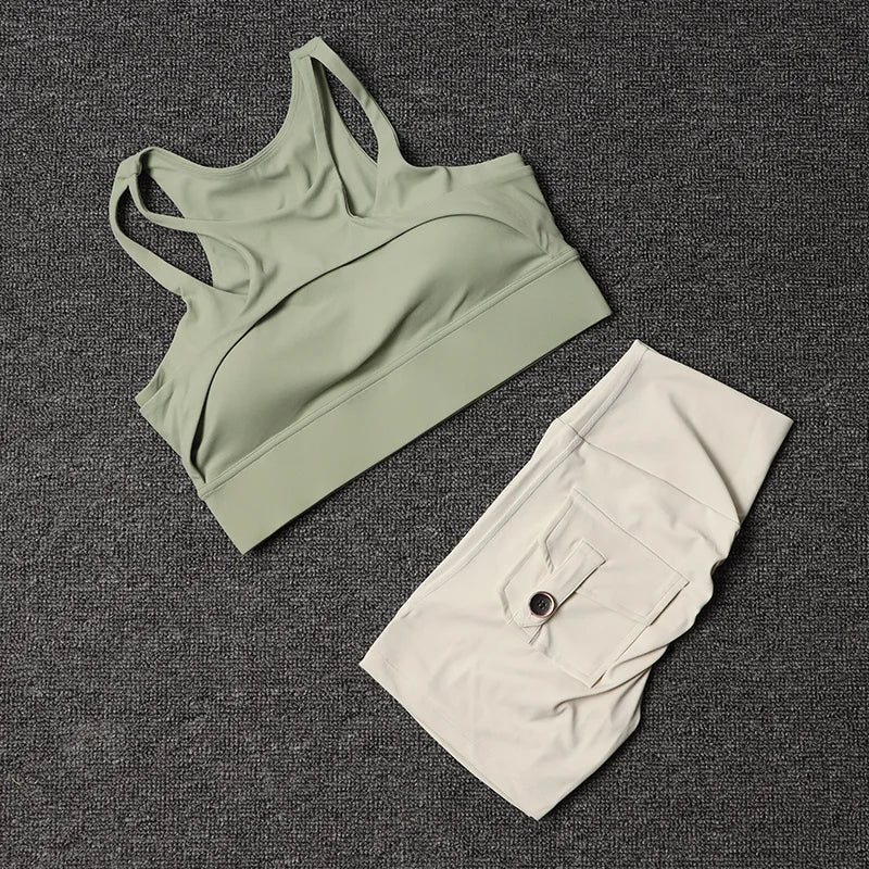 Fitness Shorts Yoga Sets Women's Tracksuit High Waist Sportswear Bra Workout Leggings Cycling Gym Shorts Sports Suit With Pocket