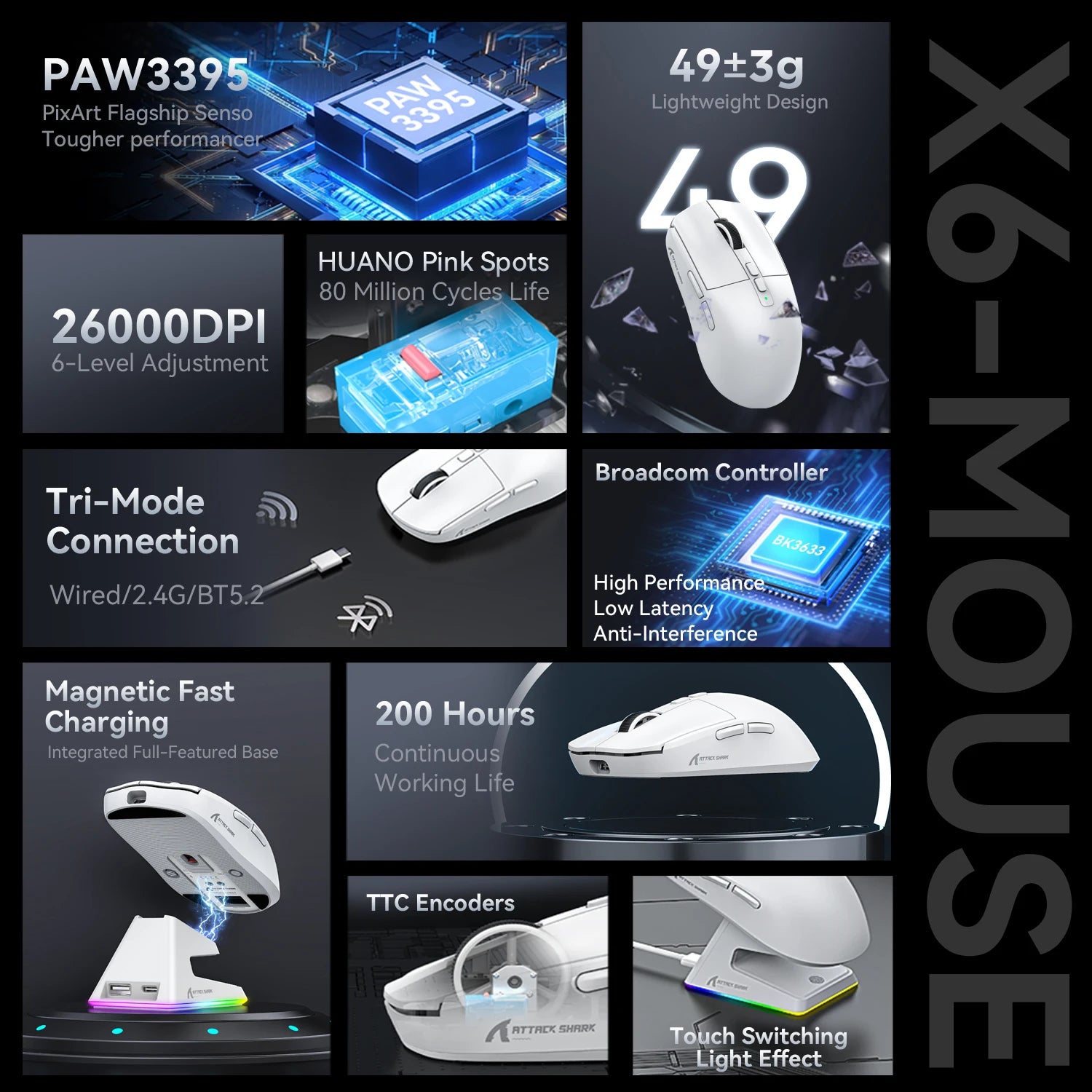 Attack Shark X6 Bluetooth Mouse Gaming Wireless Tri-Mode Connection,RGB Touch Magnetic Charging Base PAW3395 Macro Gaming Mouse