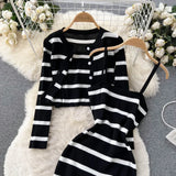 Korean Sweet Hit Color Patchwork Striped Spaghetti Strap Dress and V Neck Long Sleeve Cardigans 2 Pieces Sets