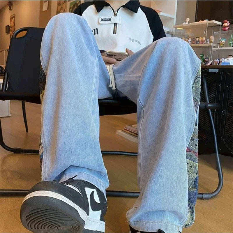 Men’s Bear Embroidered Wide-Leg Jeans