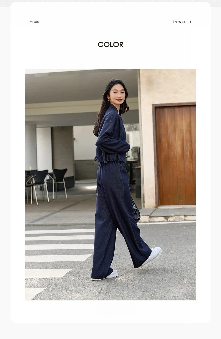 VIMLY 2 Piece Pant Set Woman Casual Outfits Women's Pant Suit 2026 Blue Stand-up Collar Jacket and Trouser Female Clothing A0119