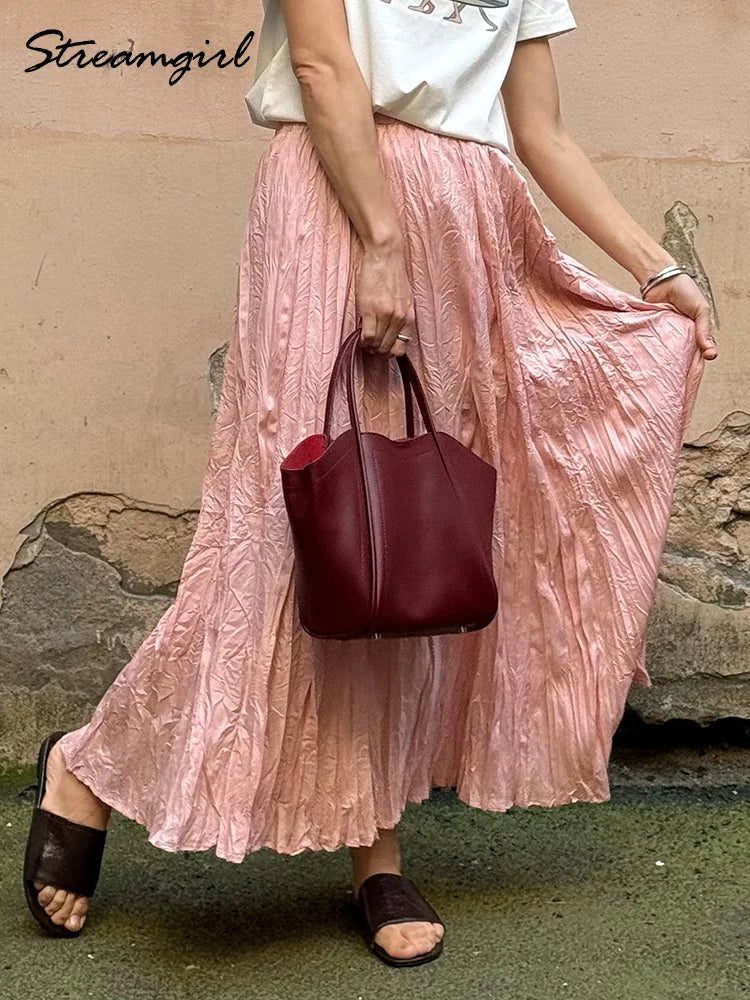 Women's Pleated Maxi Skirt – Elegant A-Line Beach Style