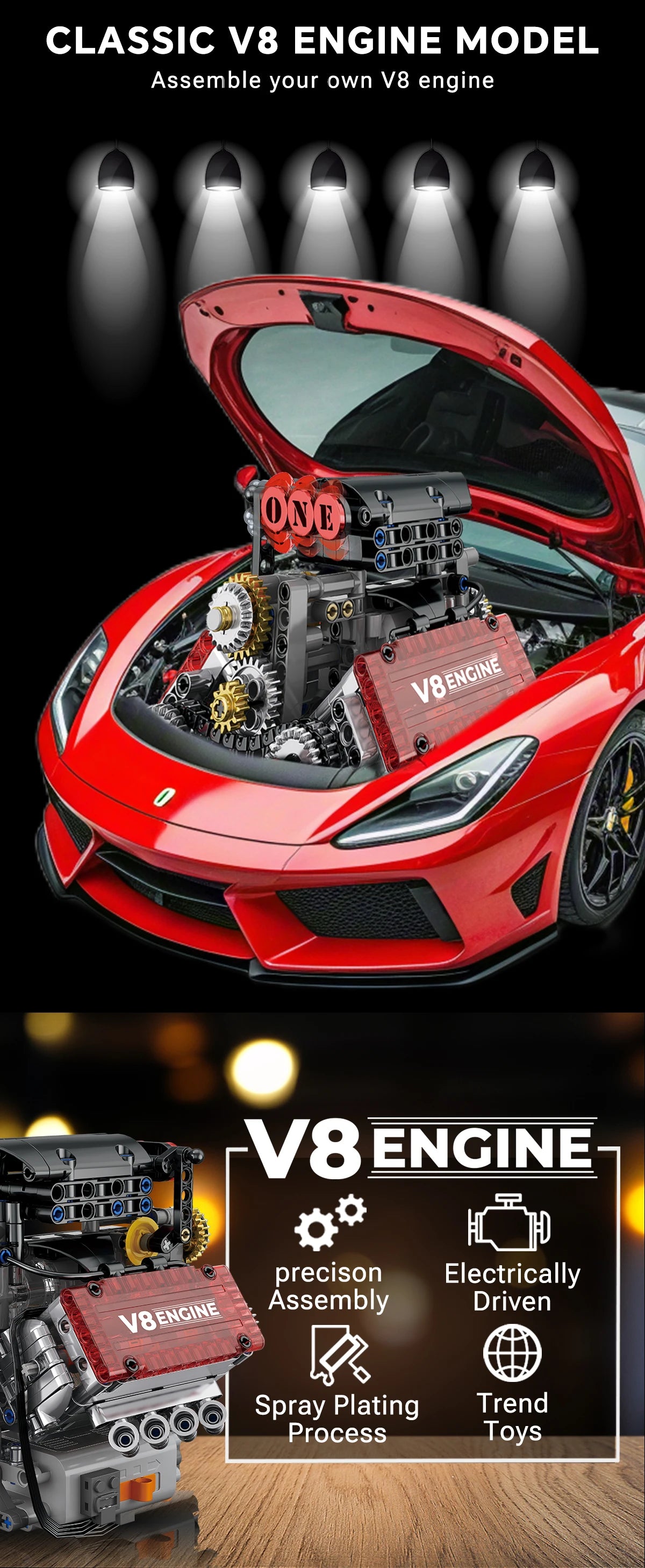 V8 Engine Motorized Simulation Brick Model Electrically Drive Building Blocks Technical Car Parts Creative Toys Gifts Adult