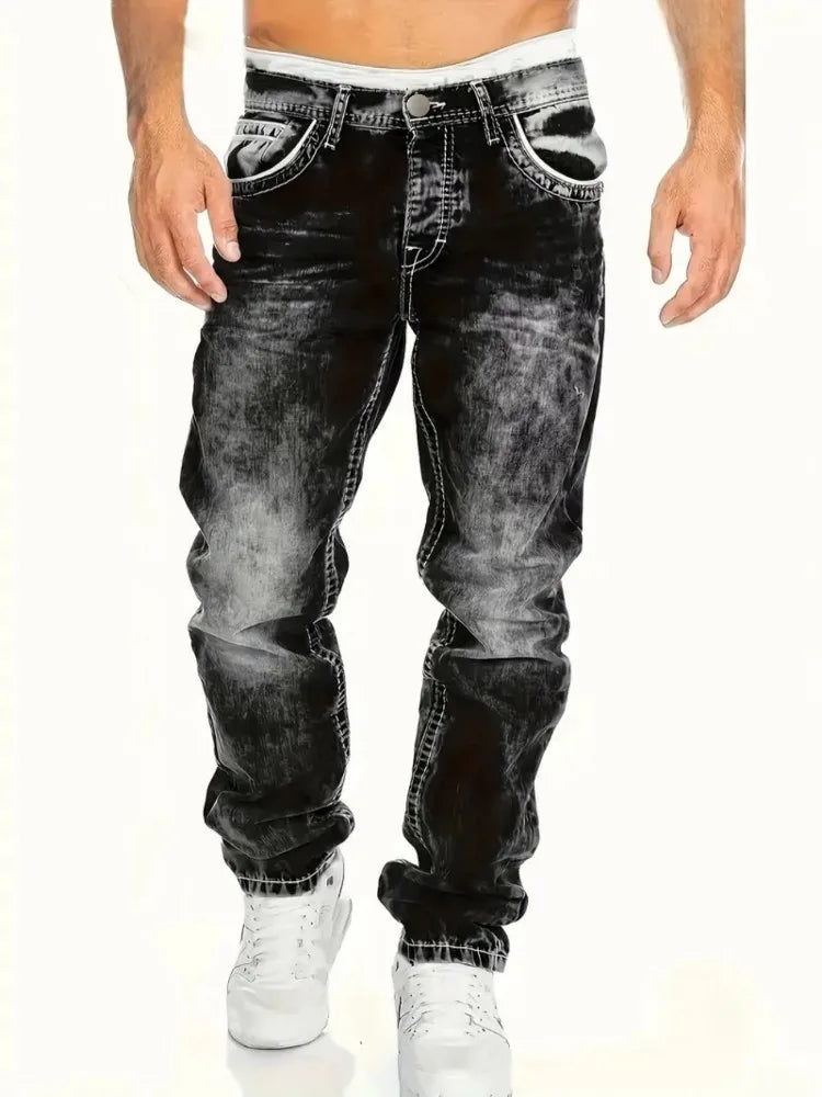 European American Jeans Men's Autumn New Slim Elastic Trousers Fashionable Vintage Wash Denim Pants Male Streetwear