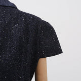 VGH Chic Two Piece Sets for Women Stand Collar Short Sleeves Spliced Pocket Tweed Top High Waist Maxi Skirts Vintage Suit Female