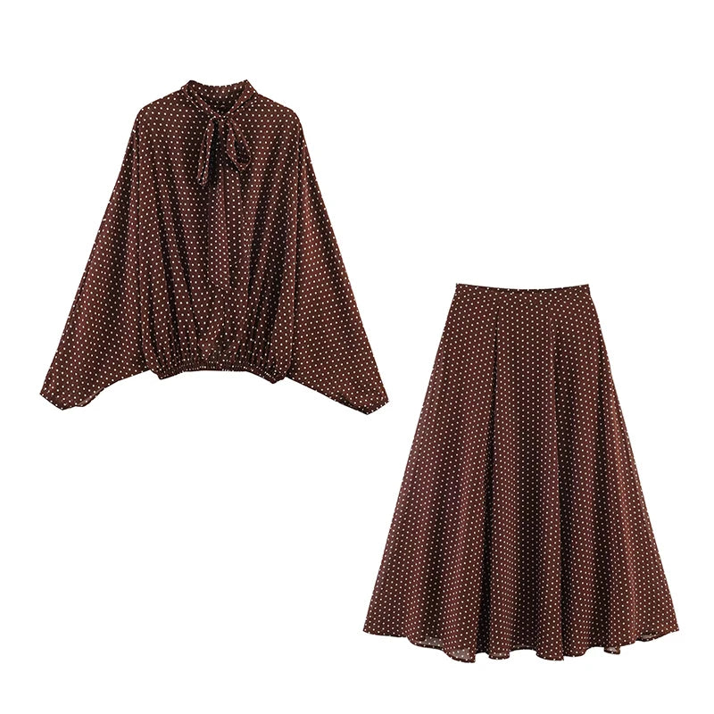 Polka Dot Printed Midi Skirts Two Piece Sets for Women 2025 Summer Chic Bow Tied Blouse Top Suits Woman 2 Piece Outfits