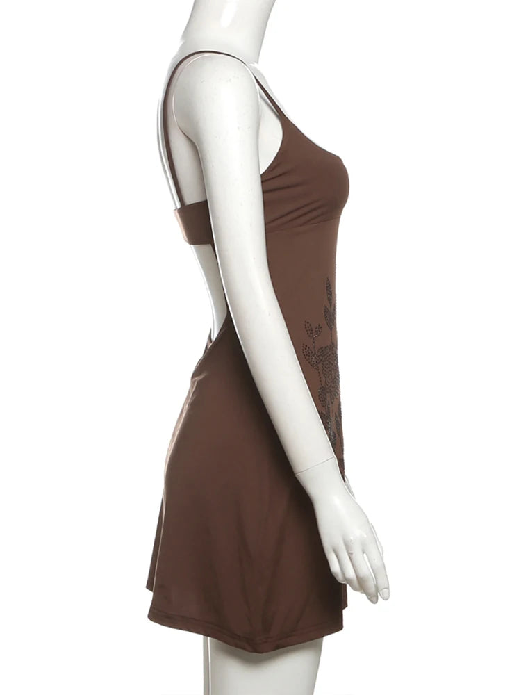 Floral Rhinestone Backless Mini Dress