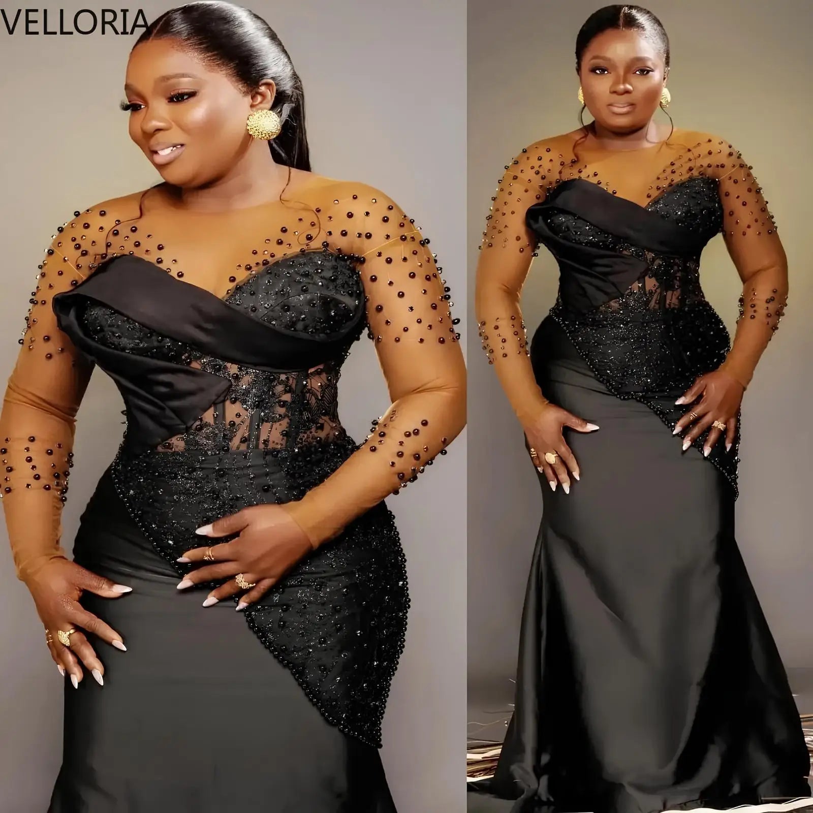 Black Lace Women Evening Dress High Neck Long Sleeved Formal Occasion Gown Luxury Pearl Occasion Party Gown Customized