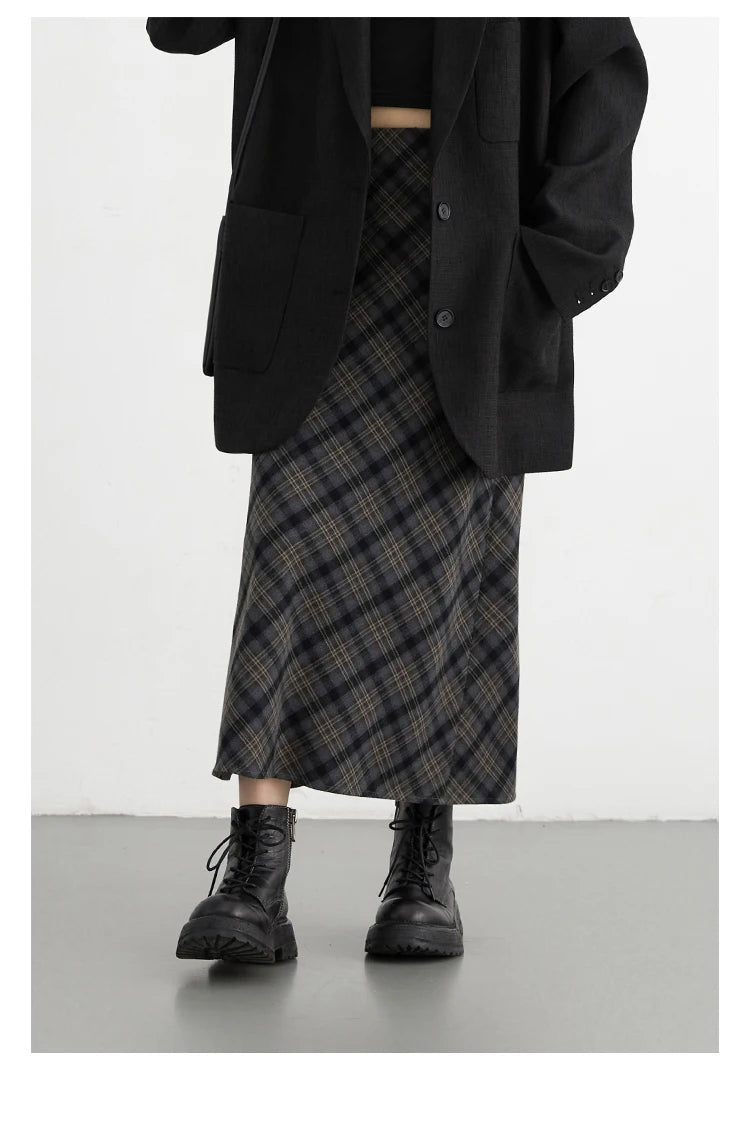 CHIC VEN Women Long Skirt Casual New Sweet Cool Style High Waist Slit Plaid Half Skirt Straight Tube Skirts Spring Autumn 2024