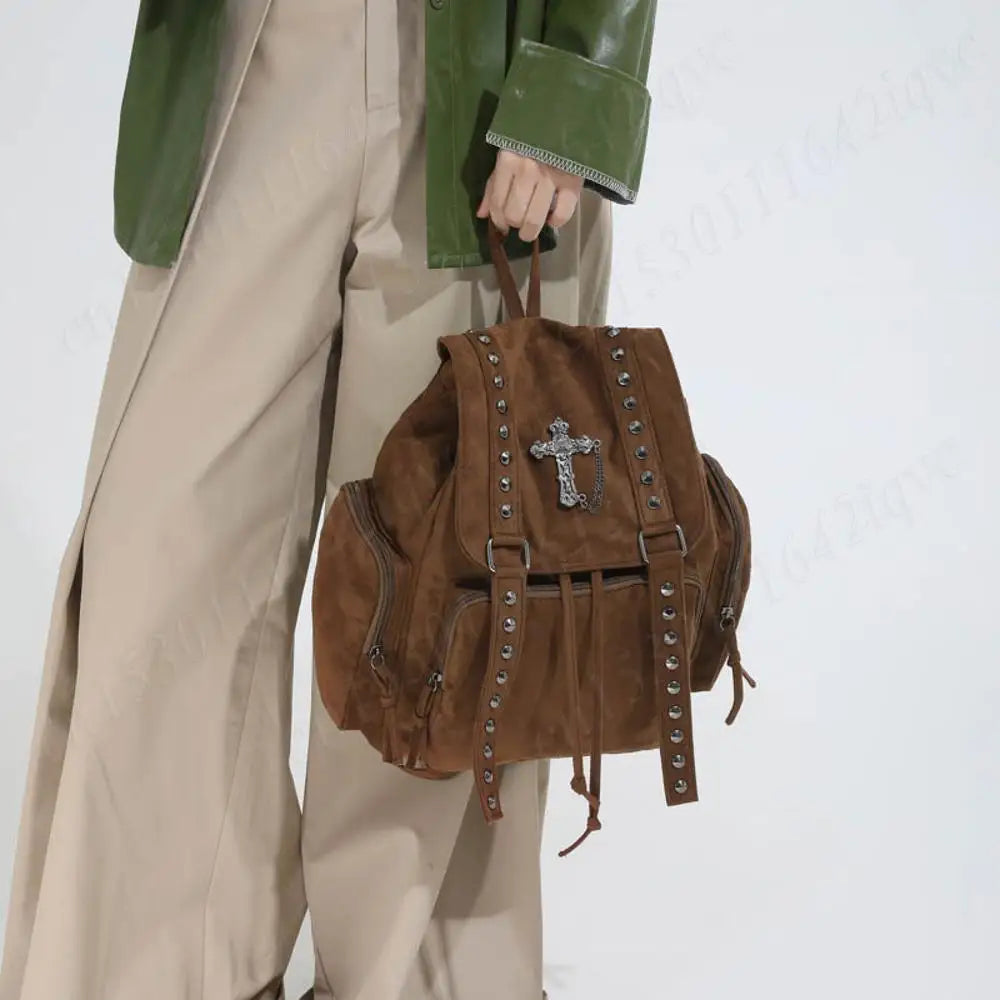 Gothic Punk Backpack Rivets Student School Bag Vintage Duffel Bag with Cross Stud Design Women Large Capacity Travel Bag