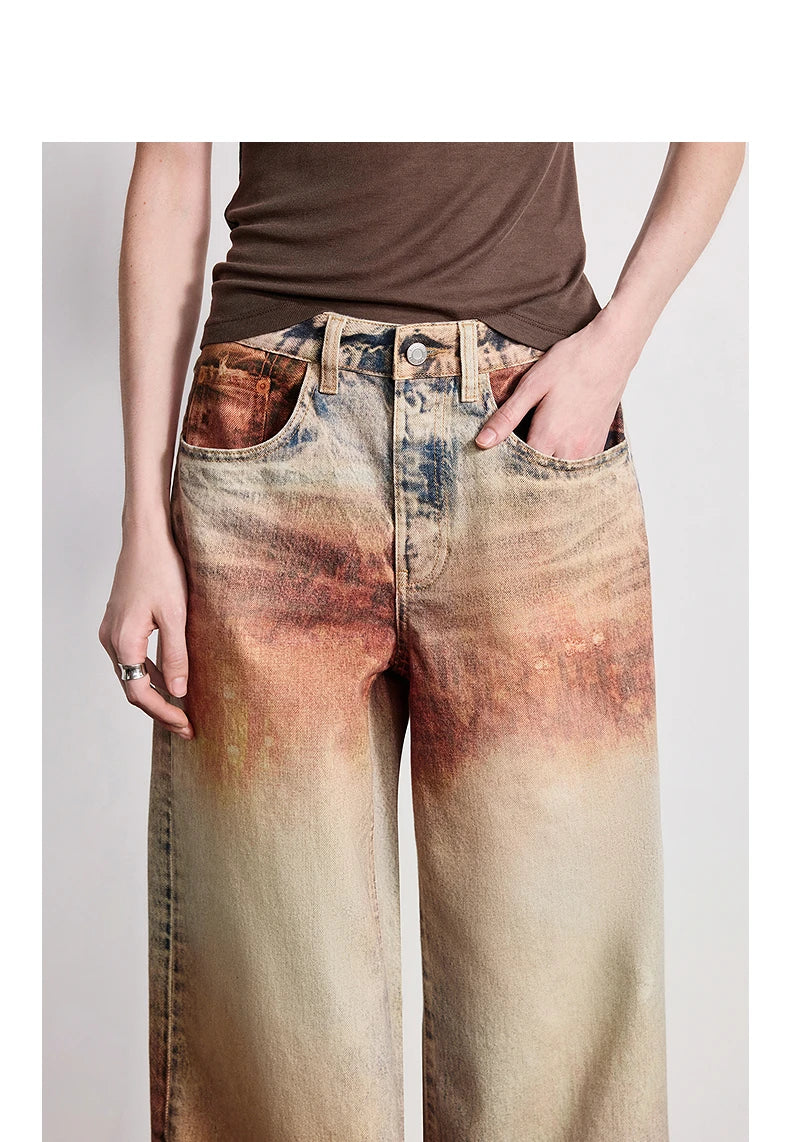 TOYOUTH Women Jeans 2026 Spring New Wilderness Wasteland Style Mid Low Waist Loose Printed Wide Leg Pants