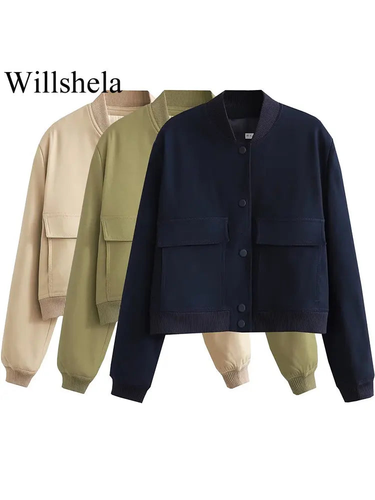 Willshela Women's Solid Bomber Jacket with Pockets