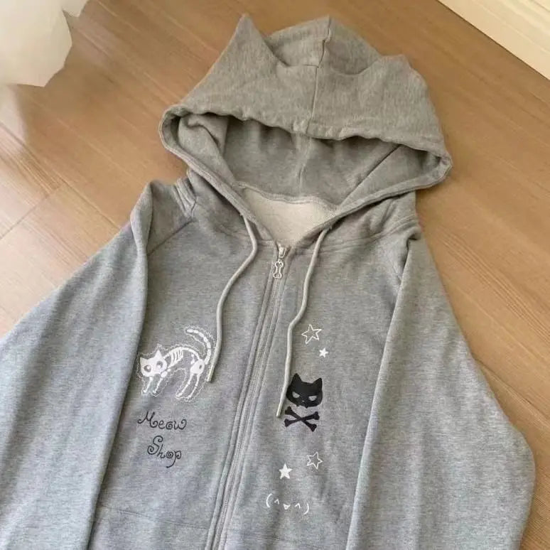 Women's Cute Cat Print Relaxed Zip-Up Hoodie